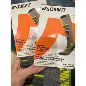 Crivit Boys Premium Thermal Socks Gray Neon Green Ski Snowboard US 2Y 2.5Y 2 Pk‎